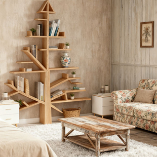 实木树形书架装饰置物架儿童树杈墙上壁挂隔板创意书柜落地展示架