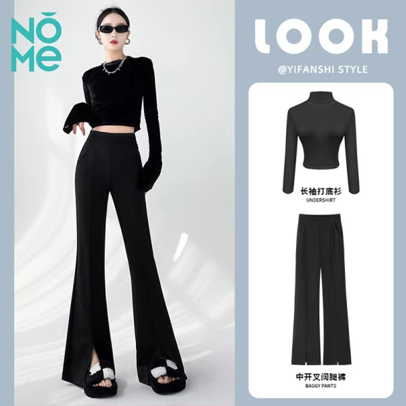 NOME（服饰）2025春秋款女显瘦黑色休闲直筒加长高腰阔腿喇叭