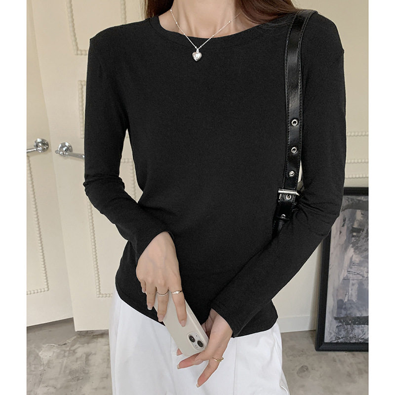 NOME（服饰）黑色圆领正肩T恤打底衫女秋冬季弹力修身慵懒风长袖