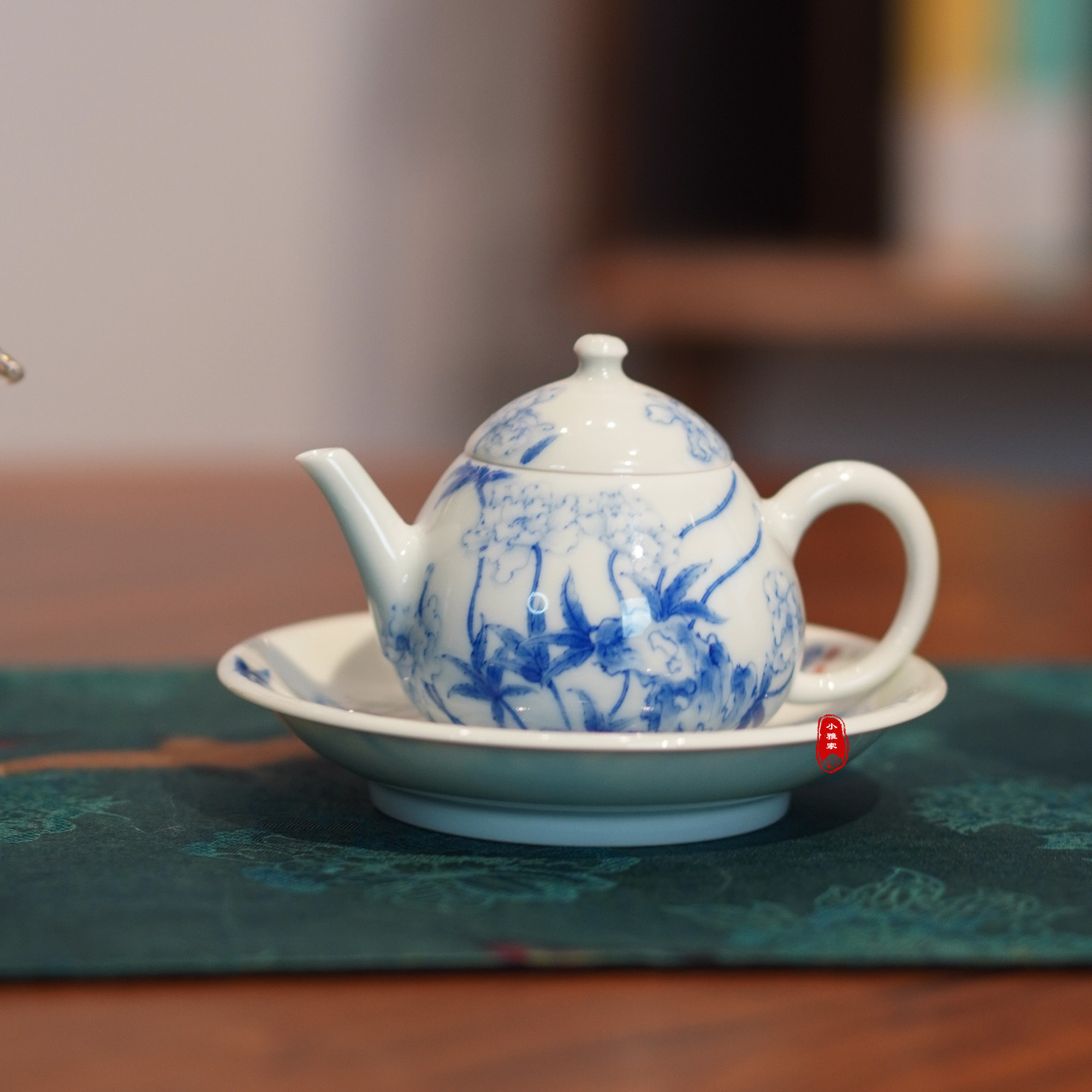 小雅家丨景德镇青樵轩手绘淡描青花釉下彩 虞美人茶壶主人杯壶承