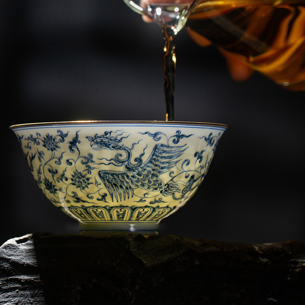 小雅家丨清本源手工薄胎凤凰蓝上蓝青花瓷双凤缠枝莲宫碗茶杯茶具