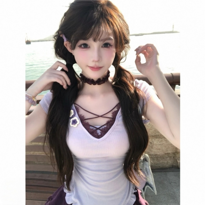 纯欲风甜美套装女韩系辣妹设计感假两件短袖上衣高腰显瘦蕾丝短裙