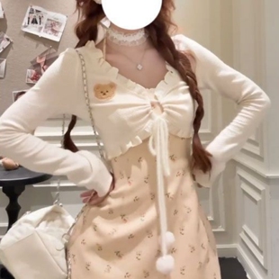 韩版甜美套装女秋冬设计感系带长袖开衫收腰显瘦碎花吊带连衣裙子