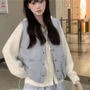 韩系学院风甜美针织连帽毛衣叠穿开衫 马甲背心高腰显瘦半身裙套装