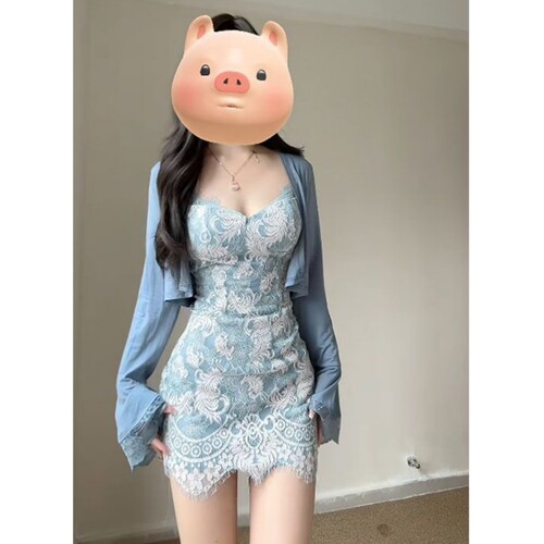 纯欲风性感吊带连衣裙+长袖开衫