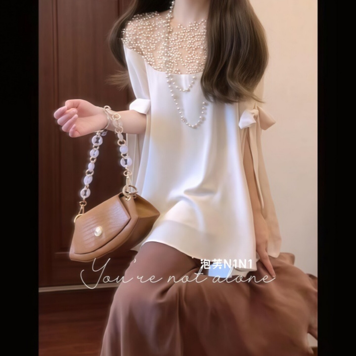 法式千金感套装女设计感重工珍珠斗篷上衣高腰显瘦咖色鱼尾半身裙