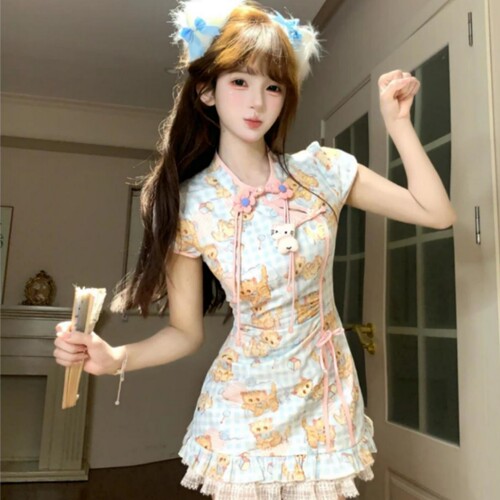 少女风甜美印花旗袍连衣裙女