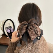 韩系格子蝴蝶结飘带抓夹女高级感后脑勺半扎发夹子鲨鱼夹马尾发饰