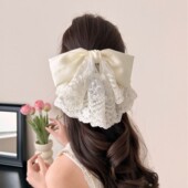 2025新款 蕾丝碎花蝴蝶结马尾抓夹后脑勺夹子白色气质半扎发夹发饰