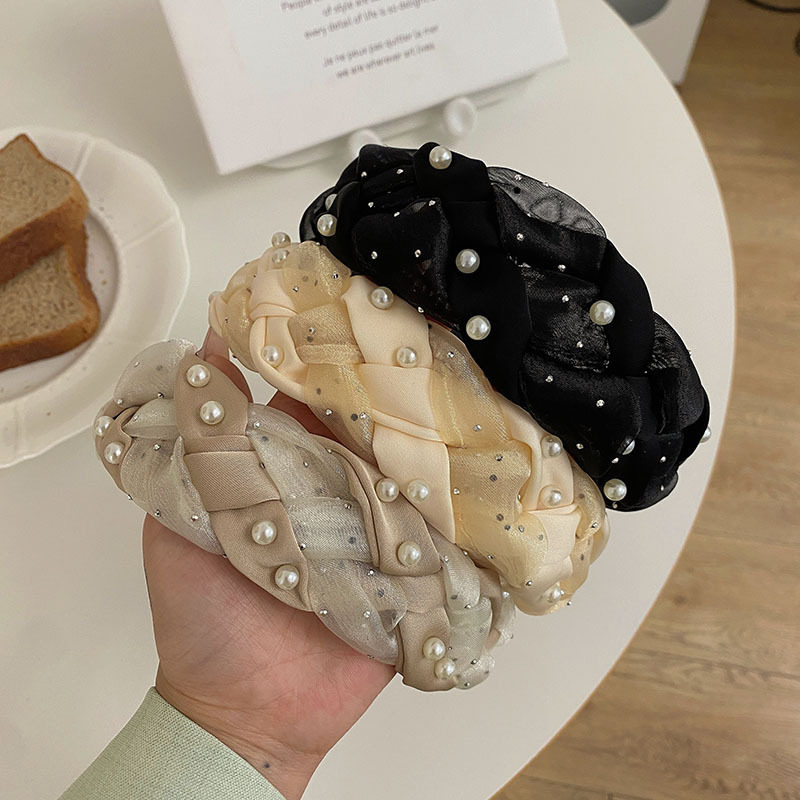 韩版简约麻花辫子宽边头箍珍珠镶钻网纱编织头箍气质洗脸发卡头饰