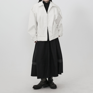 隐觅 暗黑系简约仿造鳄鱼皮中性风宽松PU皮衣短款拉链外套酷感