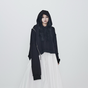 暗黑单边拉链设计卫衣宽松纯棉毛圈连帽卫衣 新款 隐觅 2025秋季