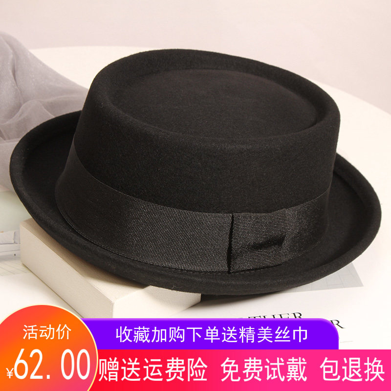 帽子女秋冬日系韩版羊毛呢帽子欧美复古圆顶卷边英伦黑色小礼帽潮