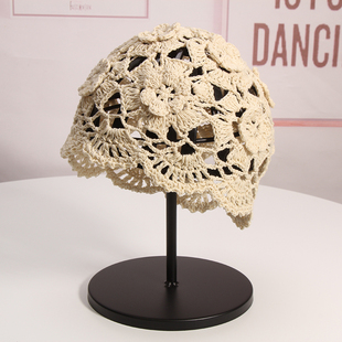 春夏薄款时尚手钩立体花包头帽女日系复古镂空优雅文艺针织瓜皮帽
