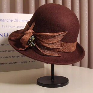 赫本风优雅麻纱花朵羊毛呢渔夫帽女秋冬法式复古短檐卷边盆帽礼帽