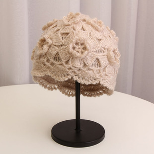 小众设计日系复古包头帽女秋冬韩版时尚百搭针织花朵毛线贝雷帽子