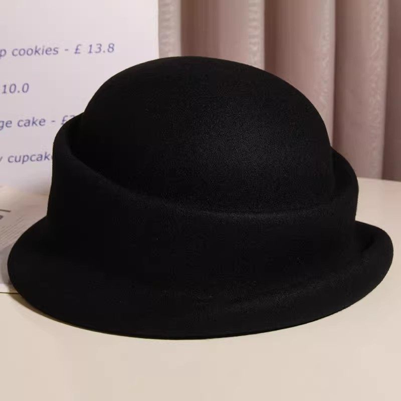 法式复古卷边黑色小礼帽女秋冬纯羊毛渔夫帽赫本风优雅气质小盆帽