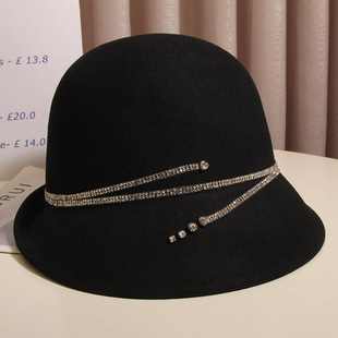 法式赫本风优雅水钻羊毛呢渔夫帽女秋冬英伦百搭卷边盆帽气质礼帽