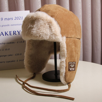 复古麂皮绒雷锋帽男女冬季加厚加绒护耳帽东北防寒保暖系带飞行帽