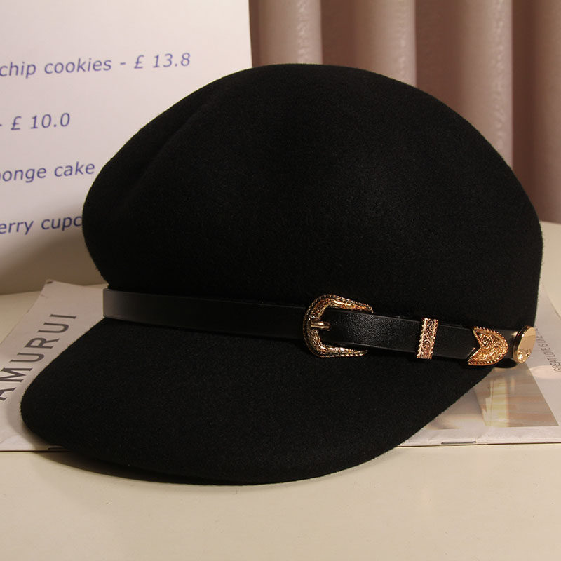 礼帽女秋冬皮带扣羊毛八角帽时尚保暖毛呢鸭舌帽英伦百搭贝雷帽潮