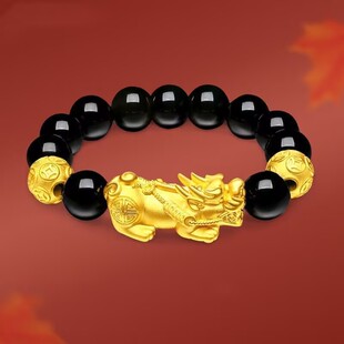 【抢今日】金色貔貅手链男女镀金色黑珠石手串招财转运貔貅手链