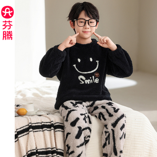芬腾服饰男童睡衣秋冬季 加厚儿童中大童家居服 珊瑚绒圆领套头套装