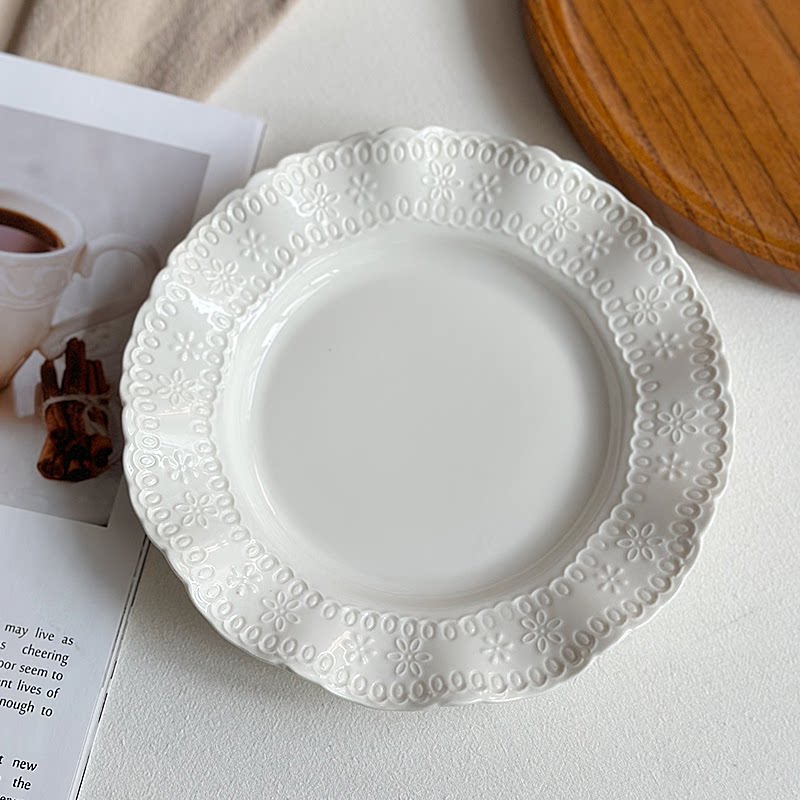 半颗橘子HO INS白色浮雕蕾丝陶瓷餐盘意面水果沙拉盘带深度汤盘