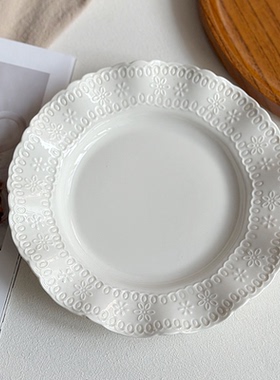 半颗橘子HO INS白色浮雕蕾丝陶瓷餐盘意面水果沙拉盘带深度汤盘