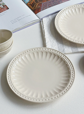 半颗橘子HO浓郁复古浮雕乳白色敞口陶瓷大盘菜盘西餐意面盘包邮