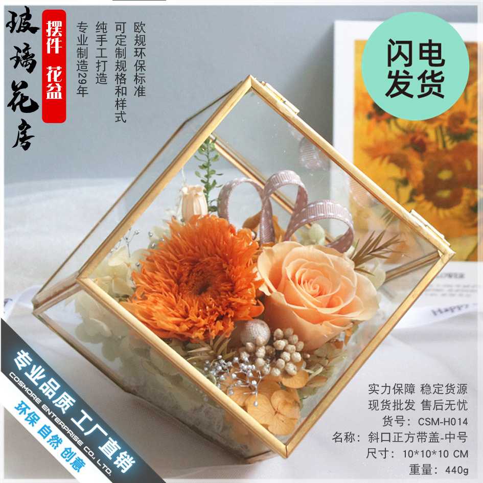 永生花玻璃罩摆件干花礼盒玻璃花房创意苔藓微景观花盆斜口小带盖