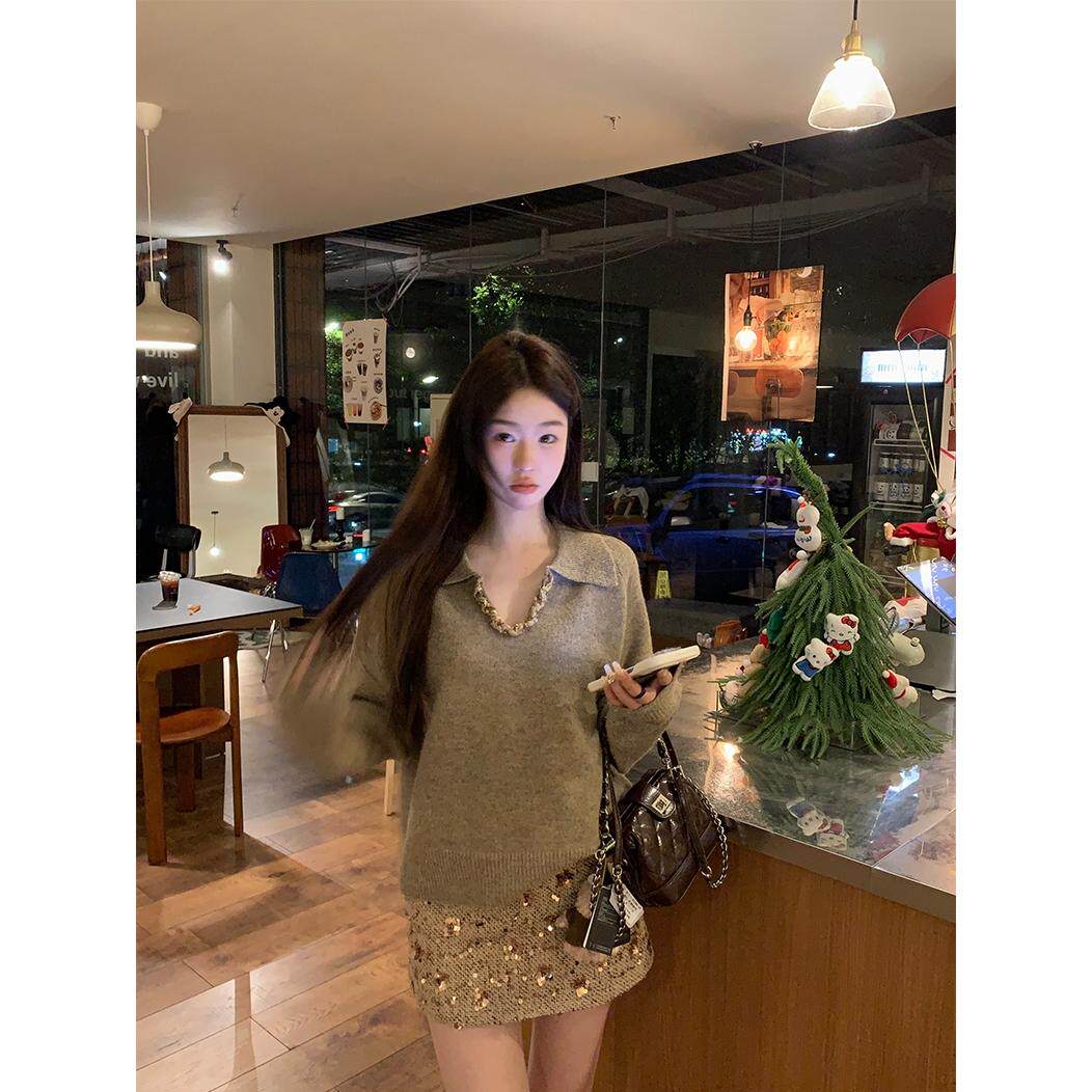 千金风套装女设计感重工编织翻领毛衣秋季亮片包臀裙半身裙两件套