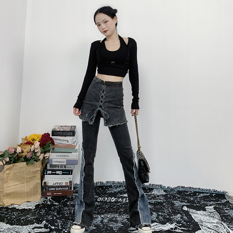 牛仔裤女士高腰拼色弹力千禧显瘦微喇叭长裤子修身显高围裙裤小众