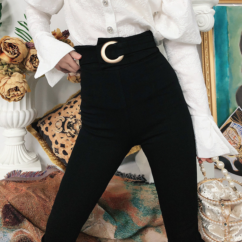 黑色高腰打底裤外穿弹力紧身小脚魔术长裤子女金属扣秋冬加绒加厚