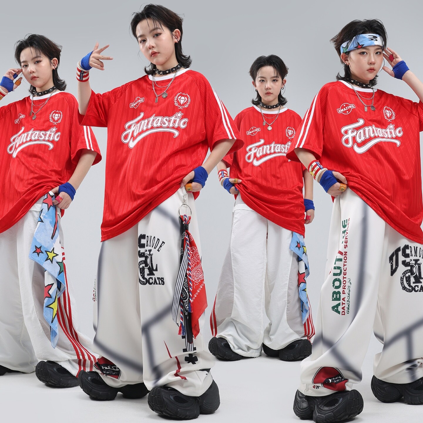 hiphop街舞儿童潮服黑蓝短袖男孩红白条纹亮皮女童字母黑红潮装