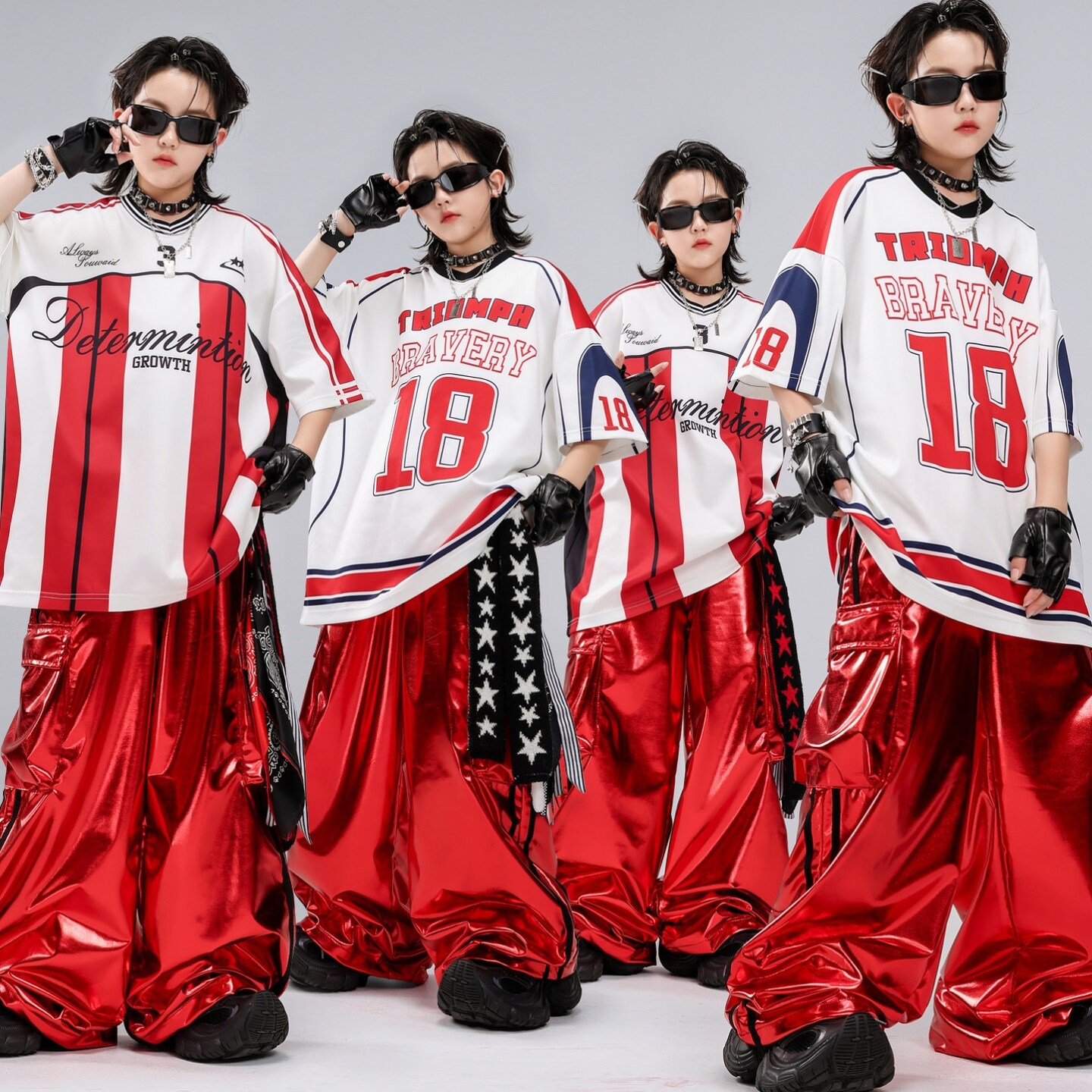街舞服女童表演服装蓝色男童条纹嘻哈潮装hiphop套装少儿短袖潮服