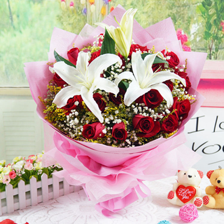 19朵红玫瑰百合花束合肥鲜花同城肥东肥西蜀山花店纪念日生日送花