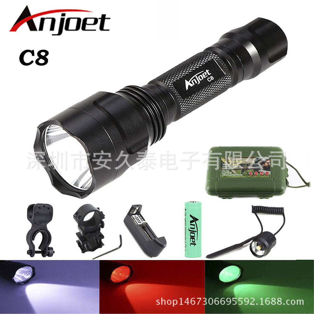 C8红光/绿光/白光T6-Q5战术强光手电筒户外骑行自行车照明远射