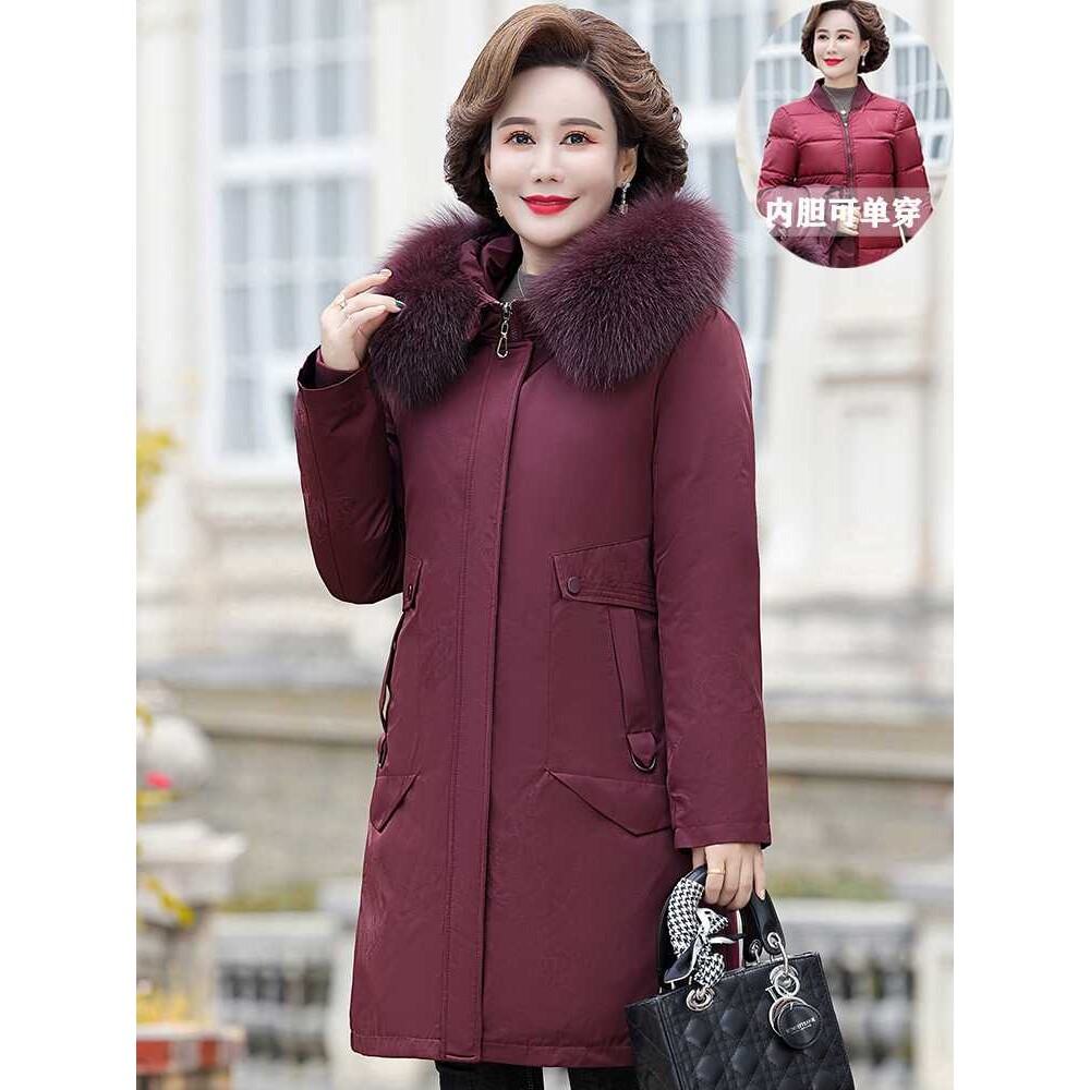 可拆卸妈妈羽绒服女中长款加厚活里活面中老年派克服冬装大码外套