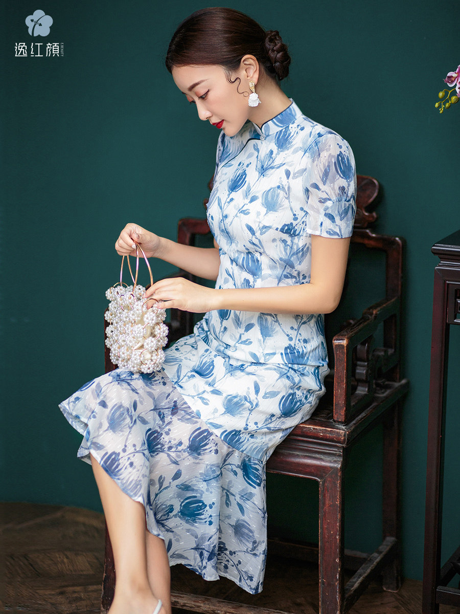 逸红颜思无邪2020年新款旗袍女夏大花改良旗袍印花连衣裙上海旗袍