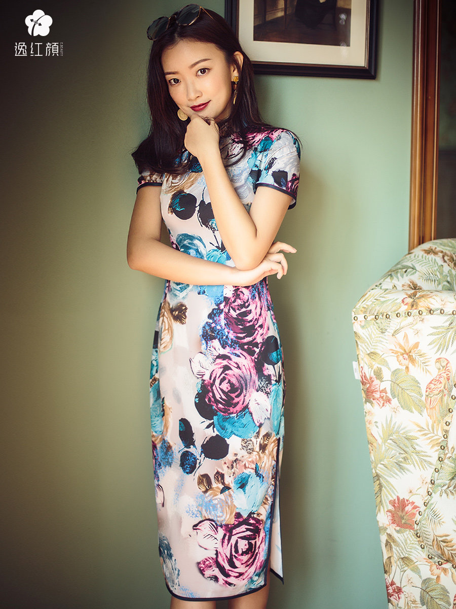 逸红颜 锦样 旗袍改良版连衣裙夏装雪纺印花优雅年轻款中国风复古