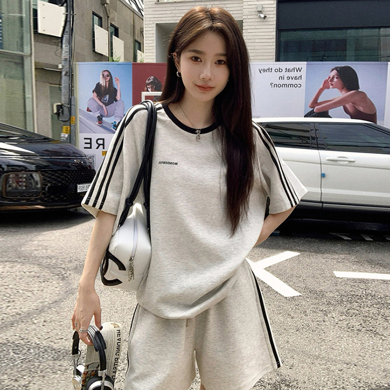 纯棉休闲运动服套装女夏宽松韩版时尚短袖+短裤跑步两件套