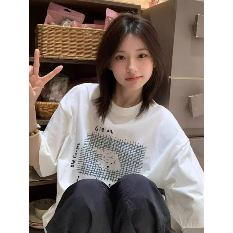 小个子纯棉白色短袖t恤女夏季2026新款宽松半袖慵懒风百搭上衣服