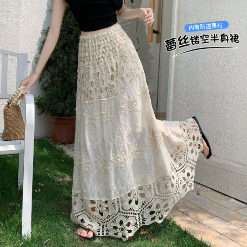 实拍 重工镂空蕾丝提花半身裙女2026夏季新款显瘦高腰大摆a字长裙