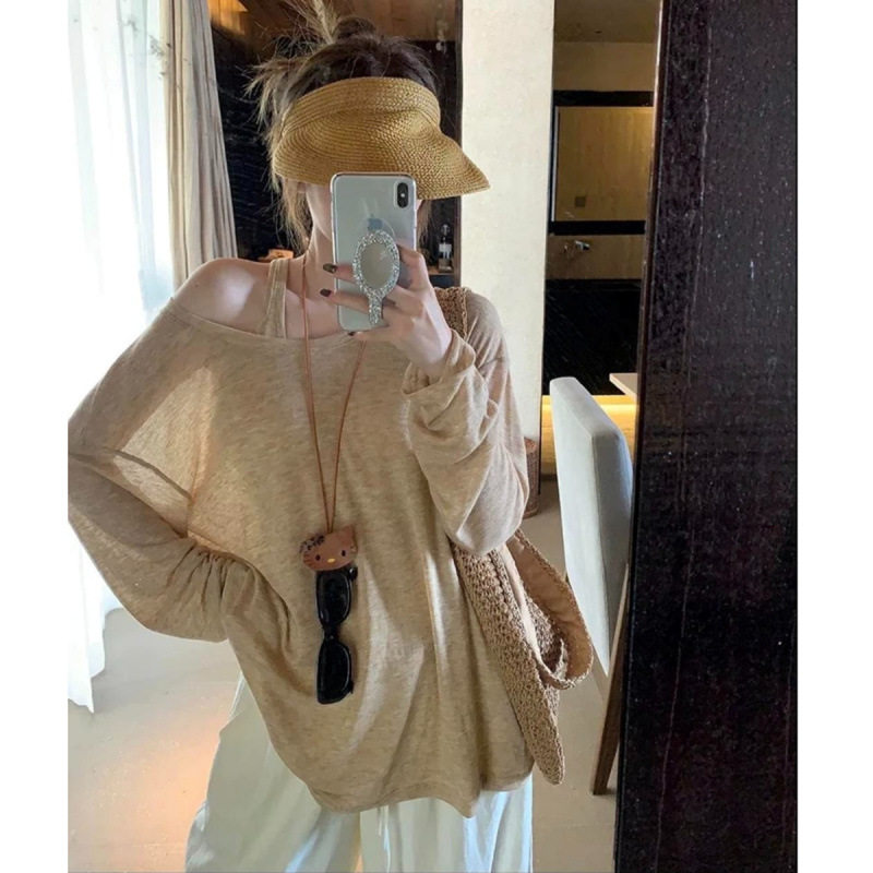 u领慵懒风长袖面膜T恤女夏季薄款休闲宽松百搭防晒罩衫两件套上衣