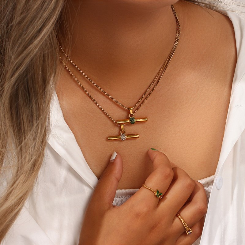 欧美s时尚简约小众个性项坠饰品 不锈钢镀18k微镶t-bar吊坠项链