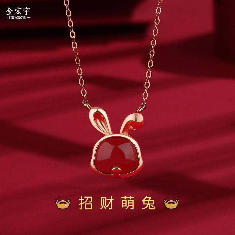 原创招财兔子项链女银国潮本命年兔年新中式红玛瑙毛衣链项饰品