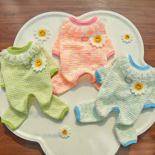 宠物四脚衣狗狗衣服猫咪衣春夏可爱花边背心带牵引扣泰迪比熊博美