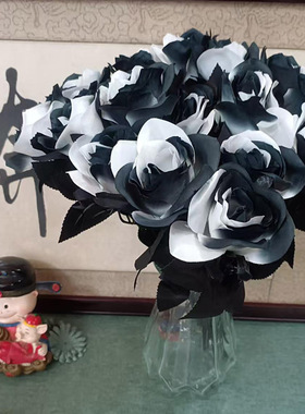 黑白色仿真玫瑰装饰摆件插花道具假花家居摆放血红唇仿真单支花