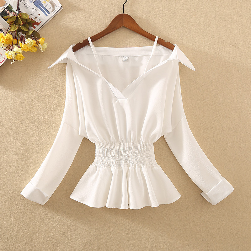 2019秋季新款韩版长袖收腰显瘦雪纺衫女V领吊带一字肩小衫上衣潮|ruв категории Женская одежда, кружева свитер/шифон рубашка - от Buy2taobao.com для оказания профессиональной услуги покупки агента Taobao