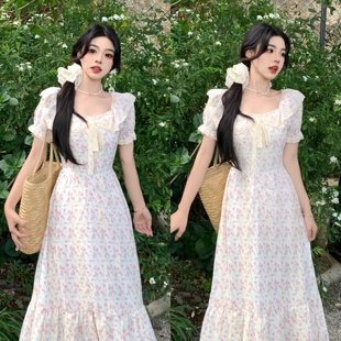 2025新款 碎花长裙女 法式 刺绣方领连衣裙夏微胖mm收腰显瘦泡泡袖
